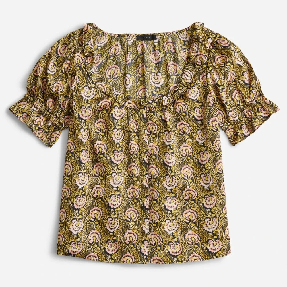 J.Crew Ruffle Featherweight Satin Scoopneck Top in Dandelion Swirl Size Small